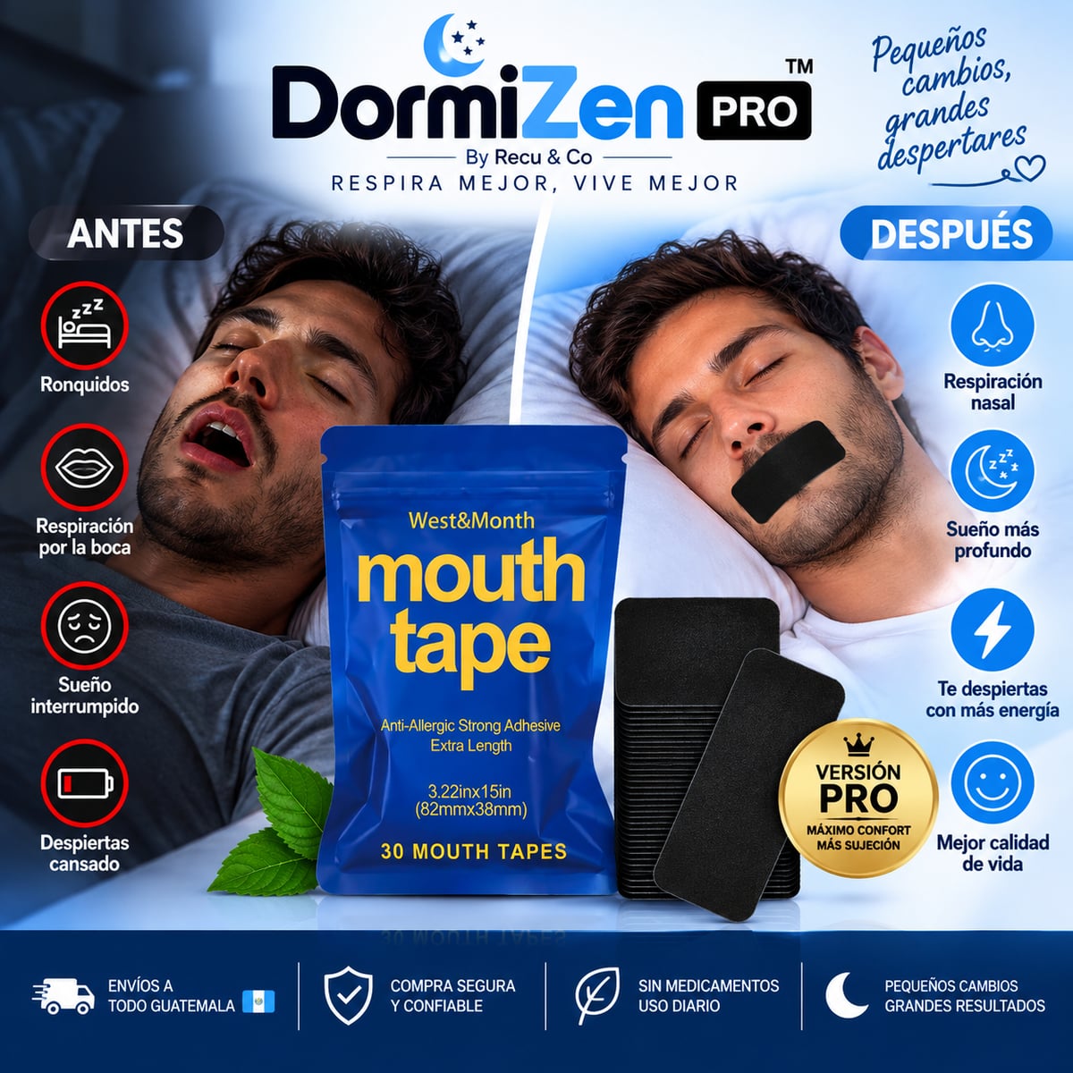 DormiZen Pro MOUTH TAPE Anti Ronquidos - 30 Unidades