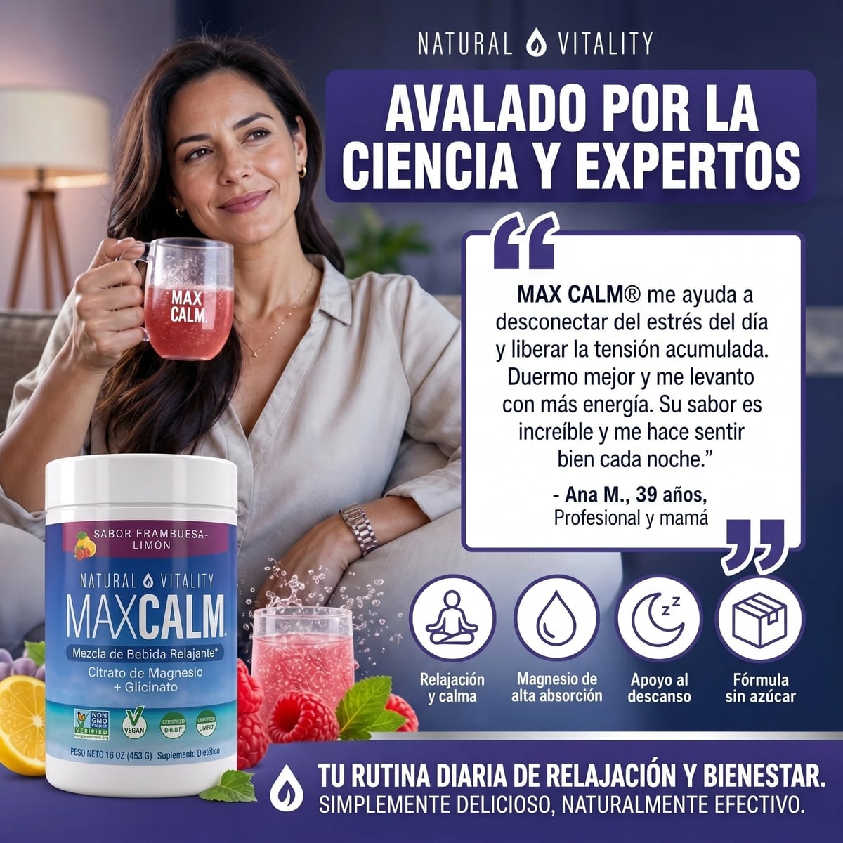 MAX CALM® Bebida Relajante de Magnesio Calma, descanso y bienestar en cada vaso, sabor frambuesa - limon