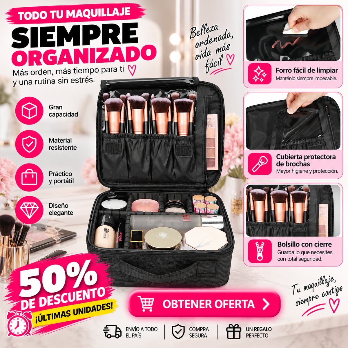 COSMETIQUERA ORGANIZADORA CON ESPEJO Y LUCES LED 