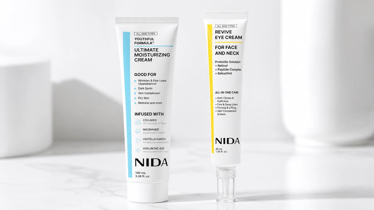 ✨ Descubre el poder de una piel más hidratada y luminosa 💙 Kit Premium de Cuidado Facial NIDA 🌿 Crema Hidratante + Crema para Rostro, Cuello y Contorno de Ojos