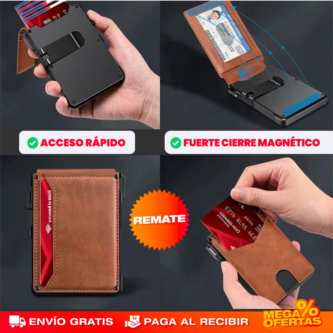 Billetera Slim con Despliegue de Tarjetas y Bloqueo RFID – Saca tus Tarjetas al Instante Sin Bulto