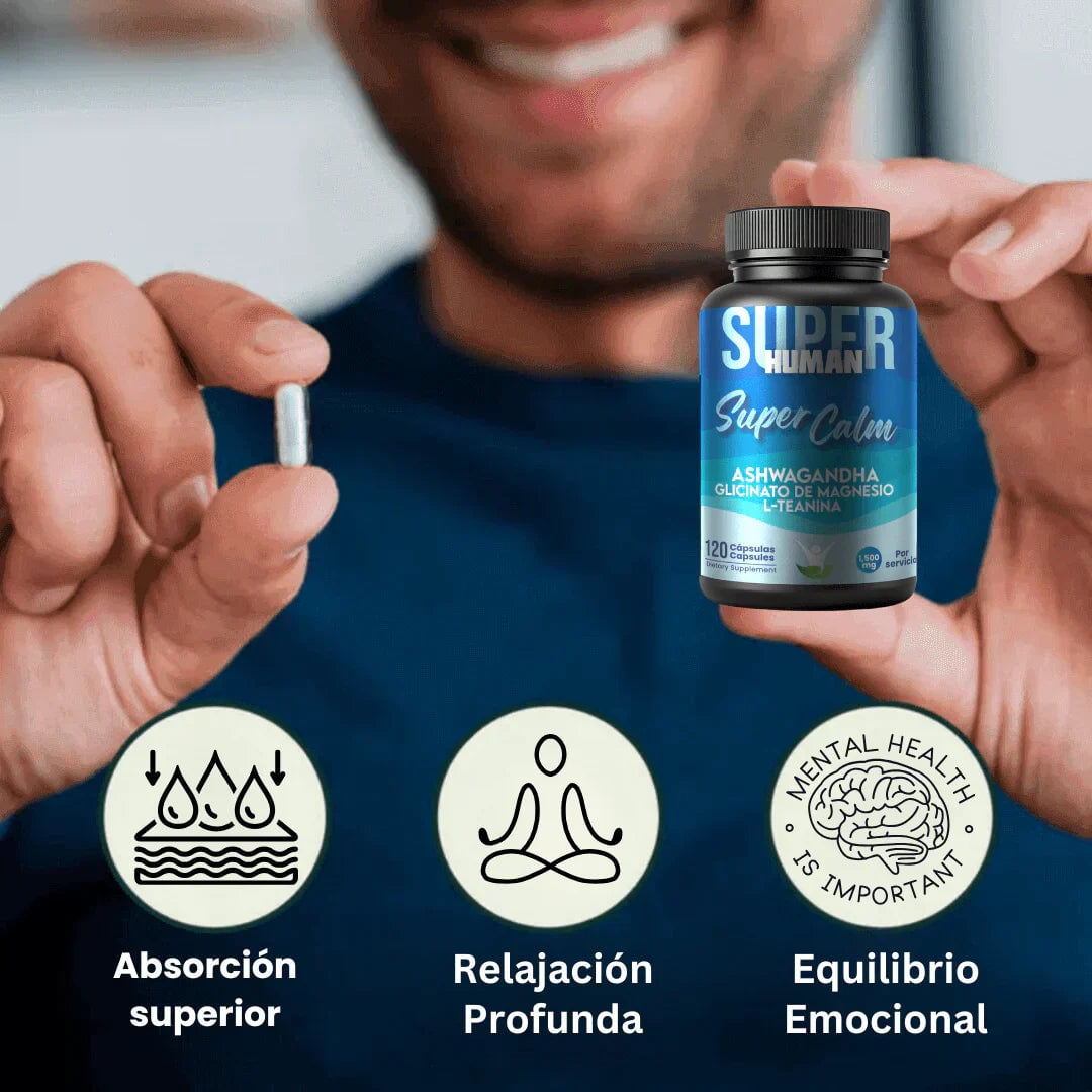 Super Calm™ - Cápsulas de L-Teanina, Ashwagandha y Glicinato de Magnesio 100% Natural (120 Cápsulas)