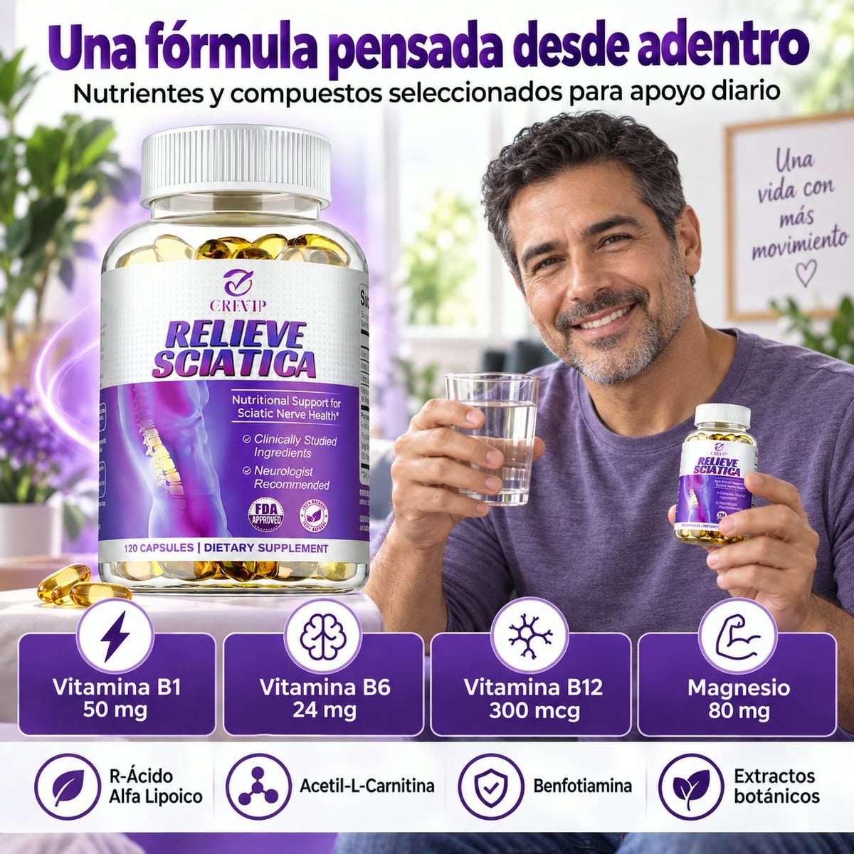 Relieve Sciatica - Apoyo Nutricional para el Nervio Ciático y Alivio del Dolor Lumbar - Recomendado por Neurólogos, empieza hoy