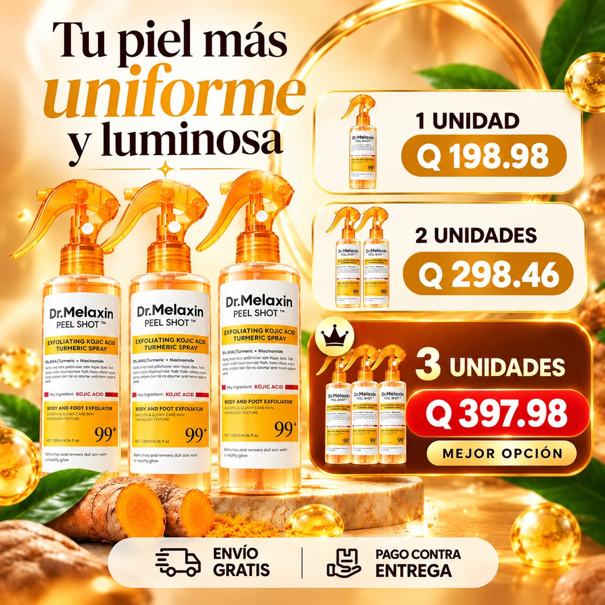 Dr. Melaxin PeelShot™ | Spray exfoliante corporal: atenúa manchas oscuras y suaviza tu piel sin esfuerzo