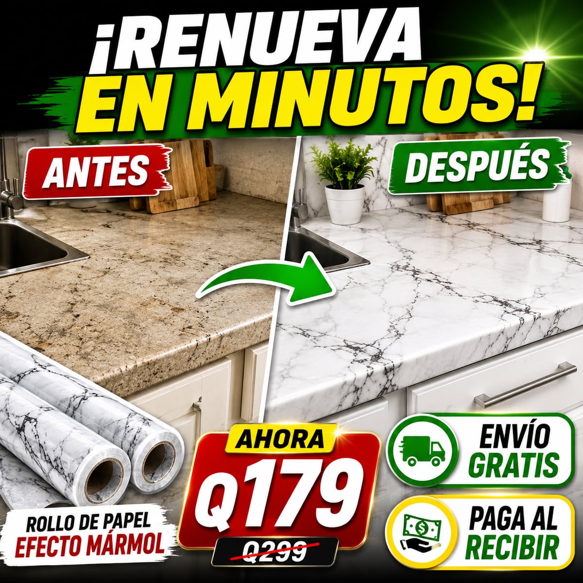 ¡Papel Autoadhesivo Mármol — 3M Largo x 1.5 CM Ancho! (Pack 2x1)