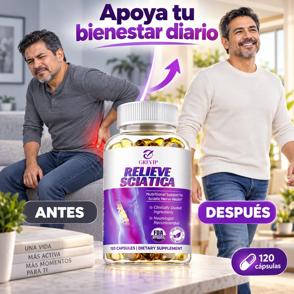 Relieve Sciatica - Apoyo Nutricional para el Nervio Ciático y Alivio del Dolor Lumbar - Recomendado por Neurólogos, empieza hoy