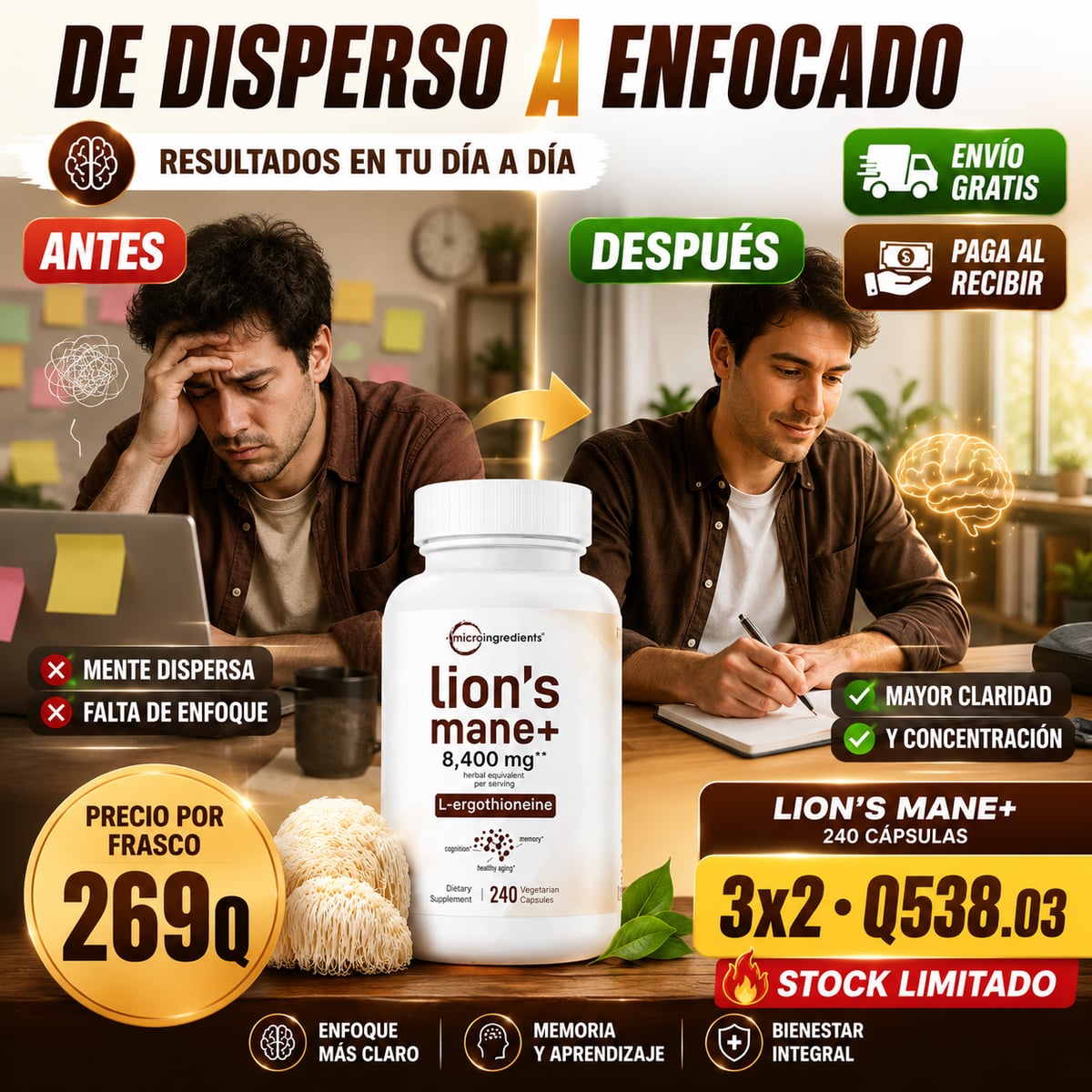 🧠 Lion’s Mane+ | Activa tu Enfoque, Memoria y Claridad Mental 🦁✨
