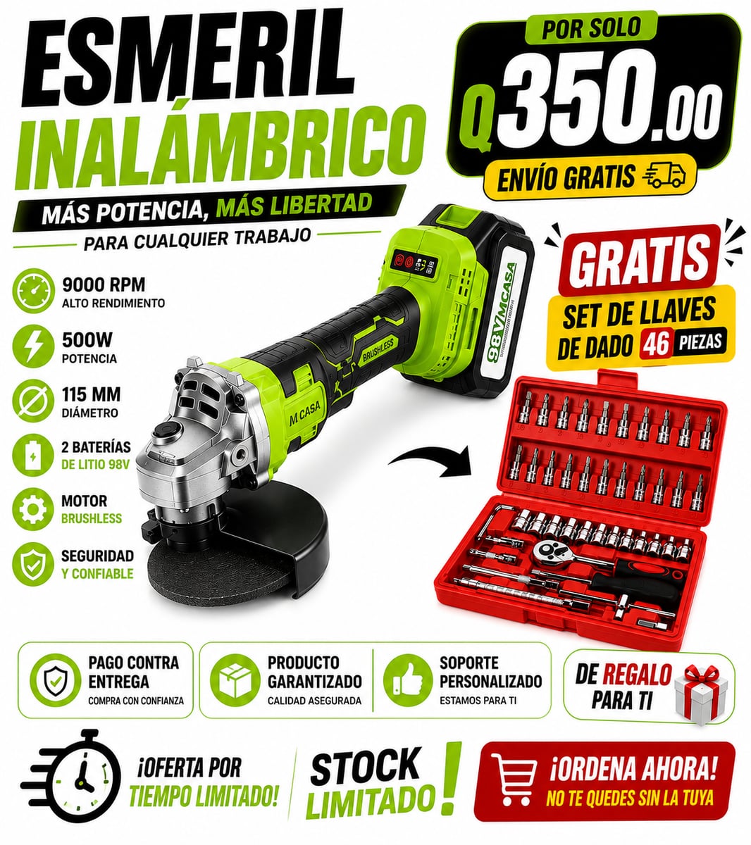 Esmeril Inalámbrico MCASA™ 500W + 2 Baterías Litio 98V + GRATIS CAJA DE LLAVES DE 46 PIEZAS 🎁