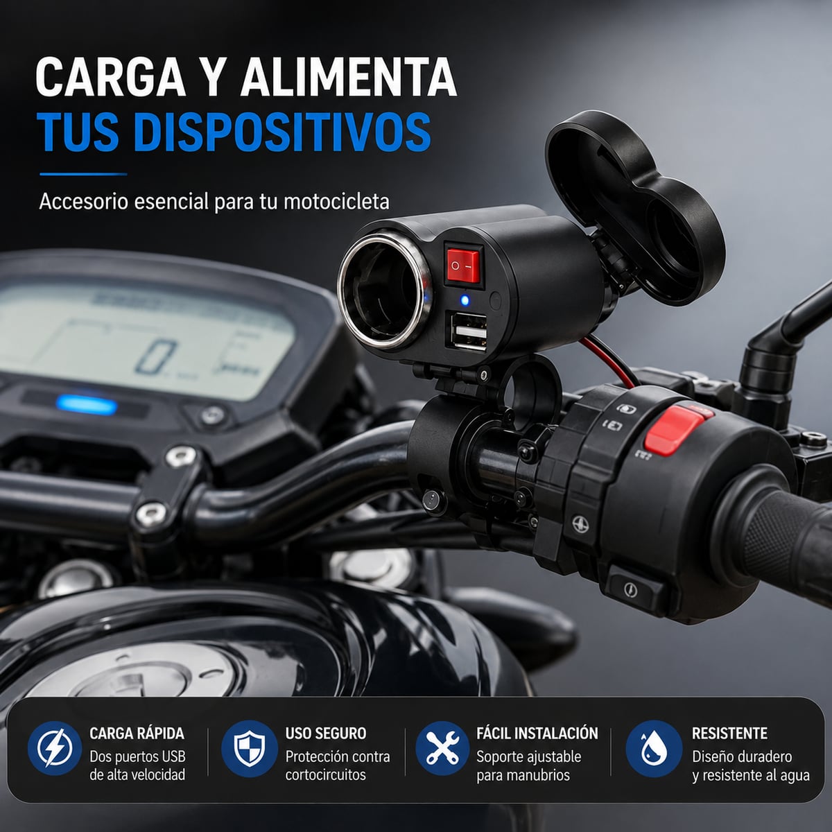 MotoCharge Pro – Cargador USB para Moto con Interruptor ON/OFF