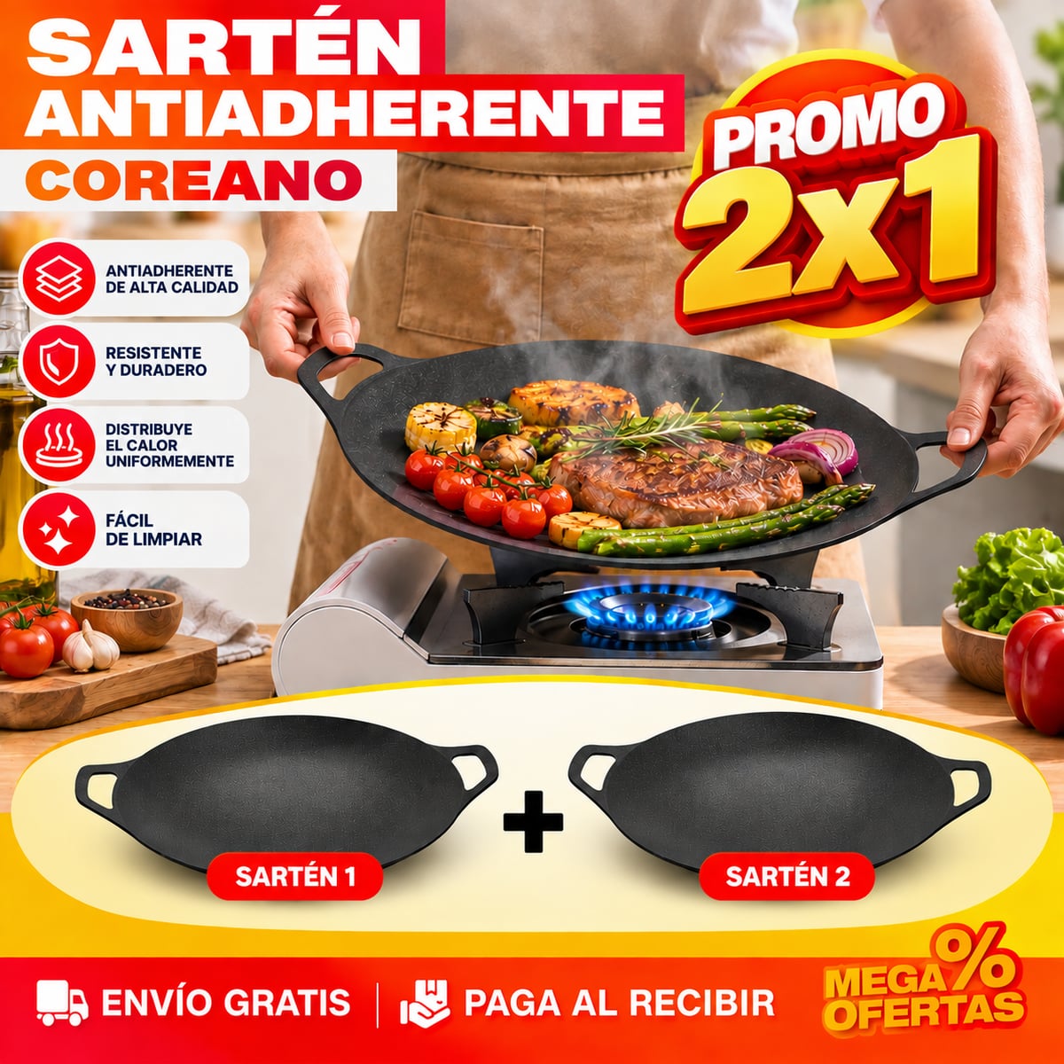 PROMO 2X1 SARTÉN ANTIADHERENTE COREANO TIPO WOK – Asas la carne y haces las arepas en la misma plancha