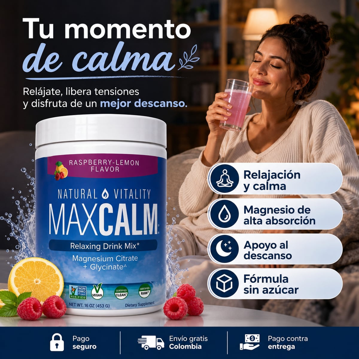 MAXCALM Frambuesa-Limón, (300 g de tranquilidad)