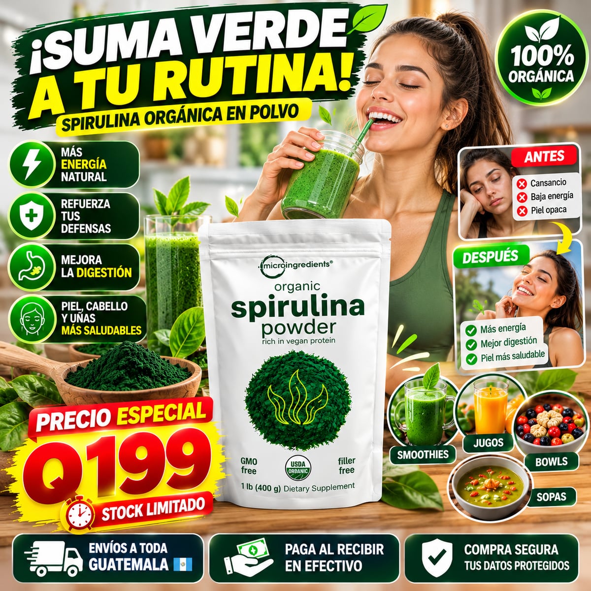 🌿 ¿TU ALIMENTACIÓN NECESITA UN EXTRA? ¡COMPLEMÉNTALA CON SPIRULINA ORGÁNICA! 💚+ENVIO GRATIS