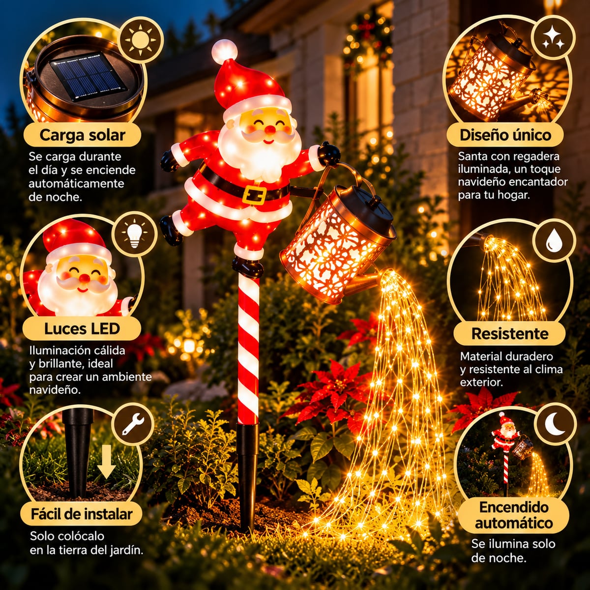 Santa Claus Solar con Cascada LED-Tu jardín con luz y magia navideña