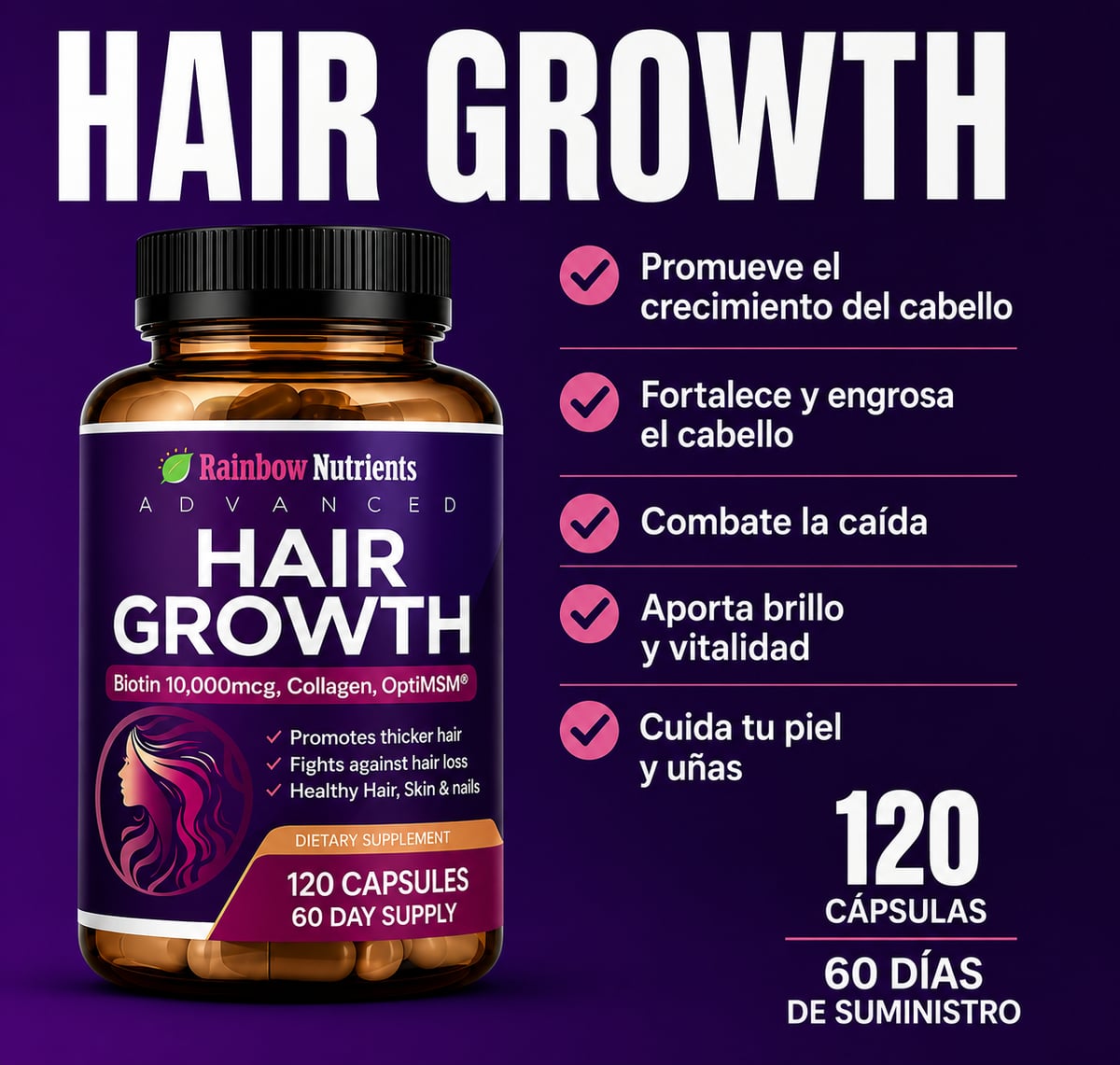 💜 Hair Growth - Vitaminas Capilares Premium 120 Cápsulas