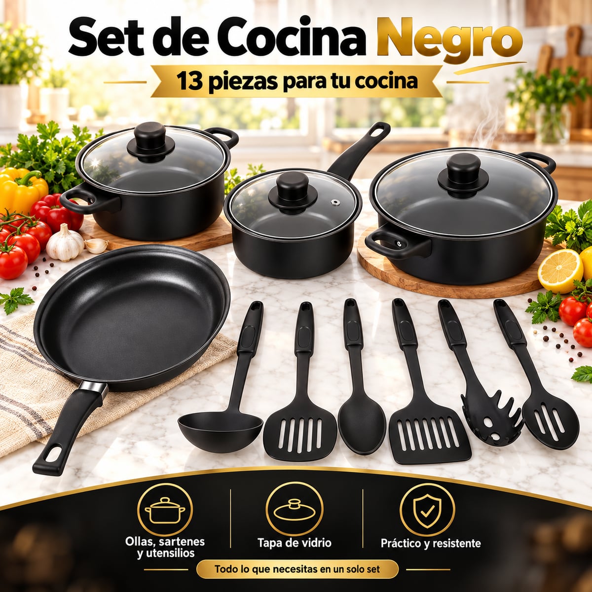 Set de Cocina Negro - 13 Piezas