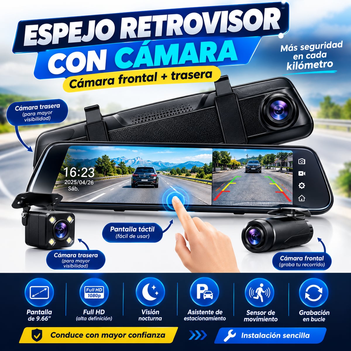 ¿TODAVÍA CONDUCES SIN CÁMARA TRASERA? 🚗 Convierte tu retrovisor en una pantalla con cámara frontal y trasera.