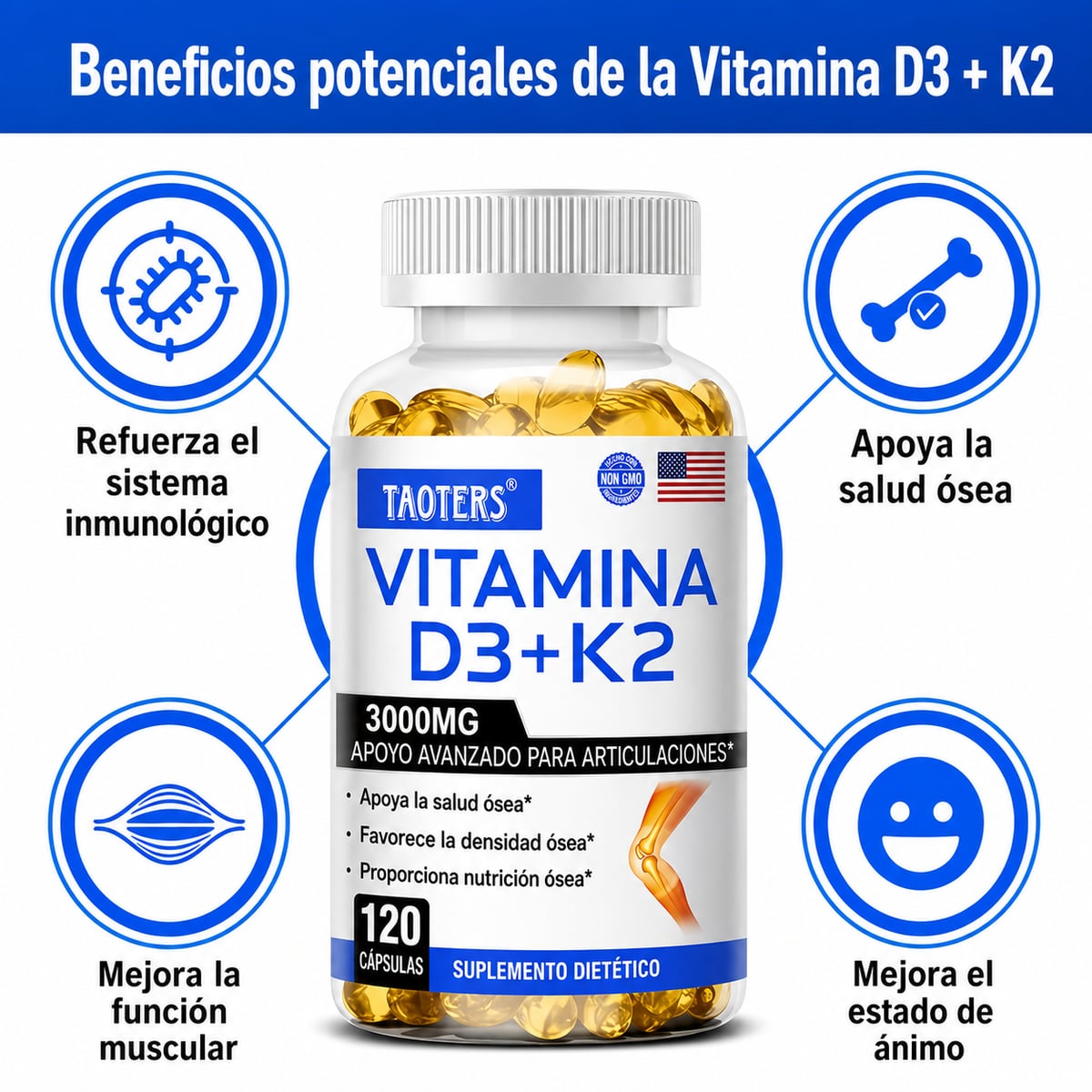 Vitamina D3K2 - Mejora la Inmunidad - Favorece la Salud Ósea y Articular y La Salud Dental + ENVIO GRATIS