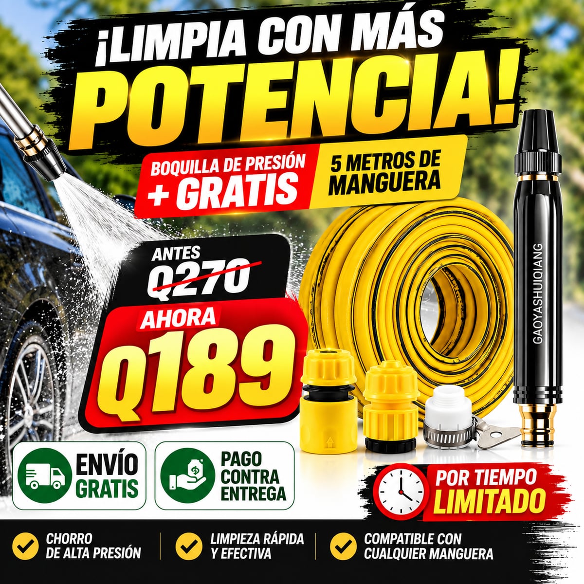 Boquilla de presión para manguera + GRATIS 5 metros de manguera