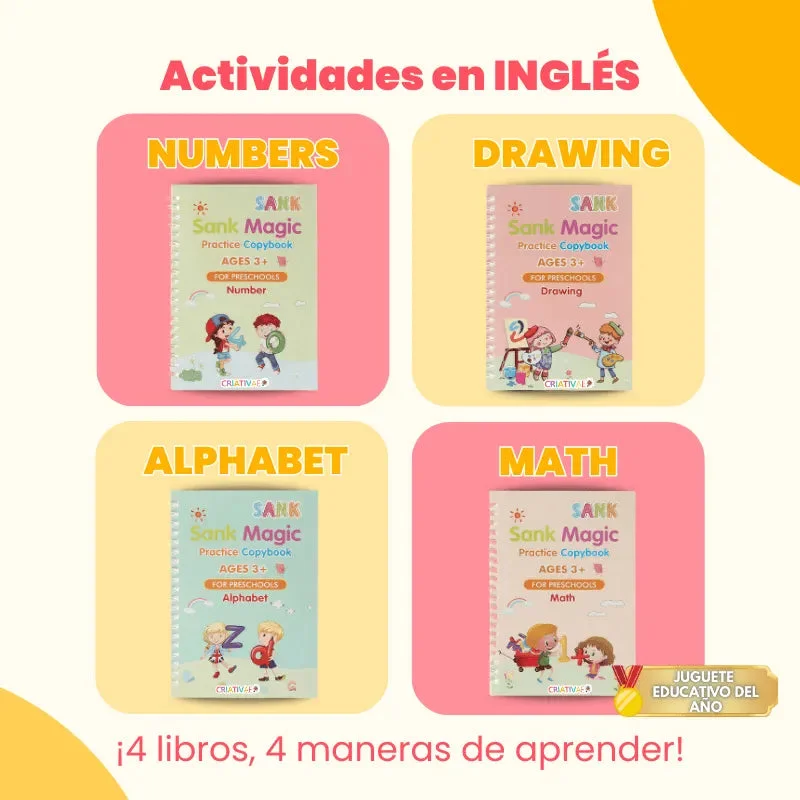 Kit de 4 Cuadernos Mágicos Reutilizables de Caligrafía para Niños con Alfabeto, Números, Matemáticas y Dibujo – Criativae