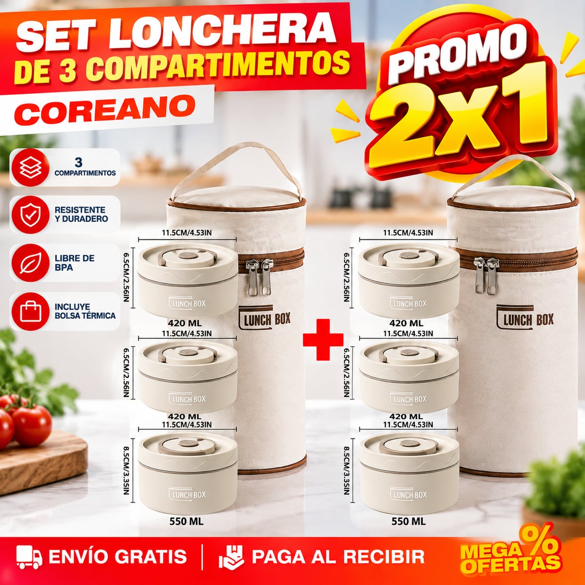 PROMO 2X1 SET LONCHERA TERMICA DE TRES COMPARTIMENTOS – El almuerzo llega separado, no hecho un revoltijo