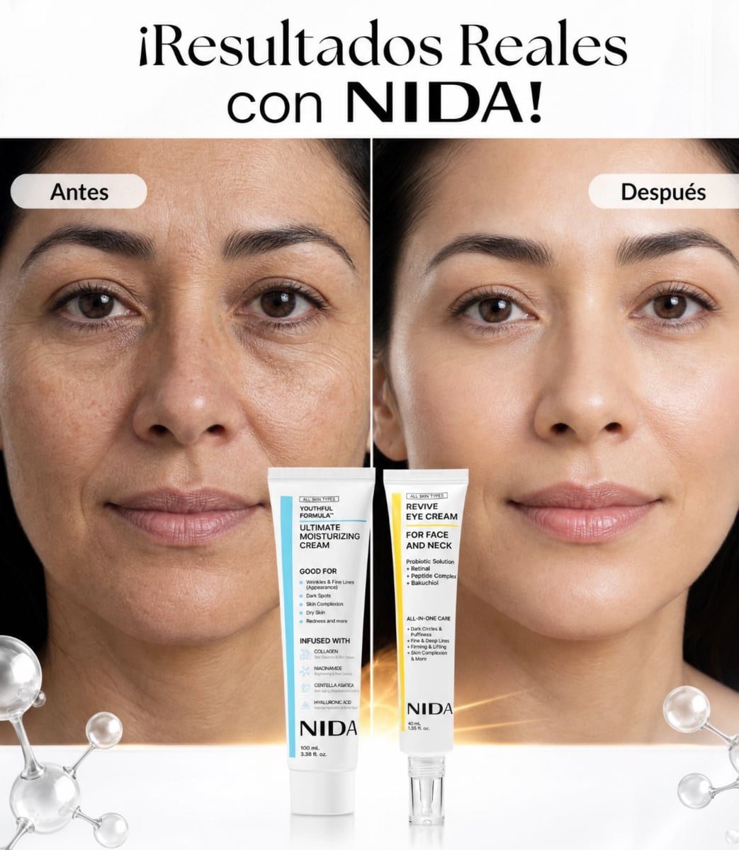 ✨ Descubre el poder de una piel más hidratada y luminosa 💙 Kit Premium de Cuidado Facial NIDA 🌿 Crema Hidratante + Crema para Rostro, Cuello y Contorno de Ojos