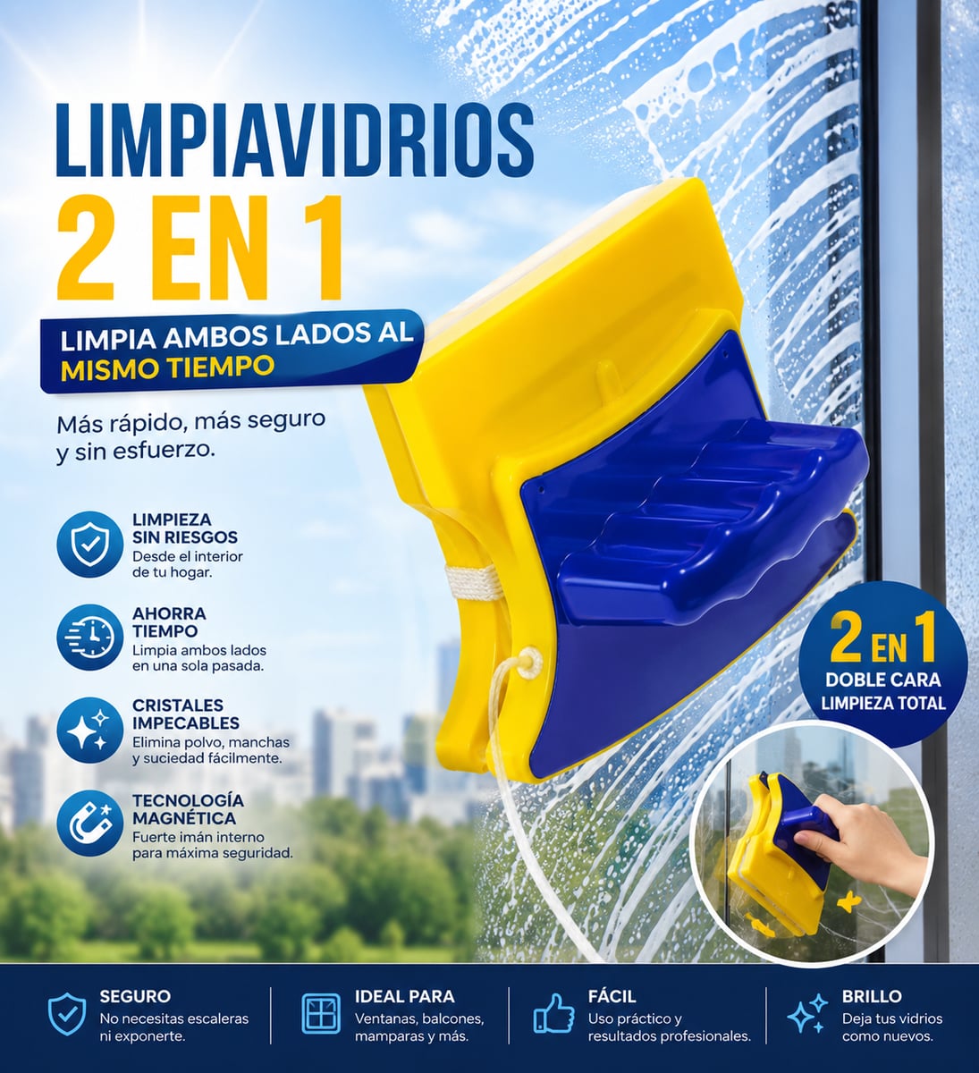 PROMO 2X1 ✨ Limpiavidrios Magnético Pro. 🏠 Ventanas Impecables Sin Poner en Riesgo tu Seguridad