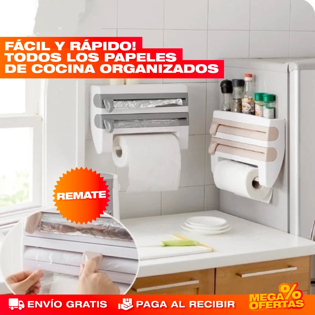 SOPORTE ORGANIZADOR DE ROLLOS DE COCINA 4 EN 1