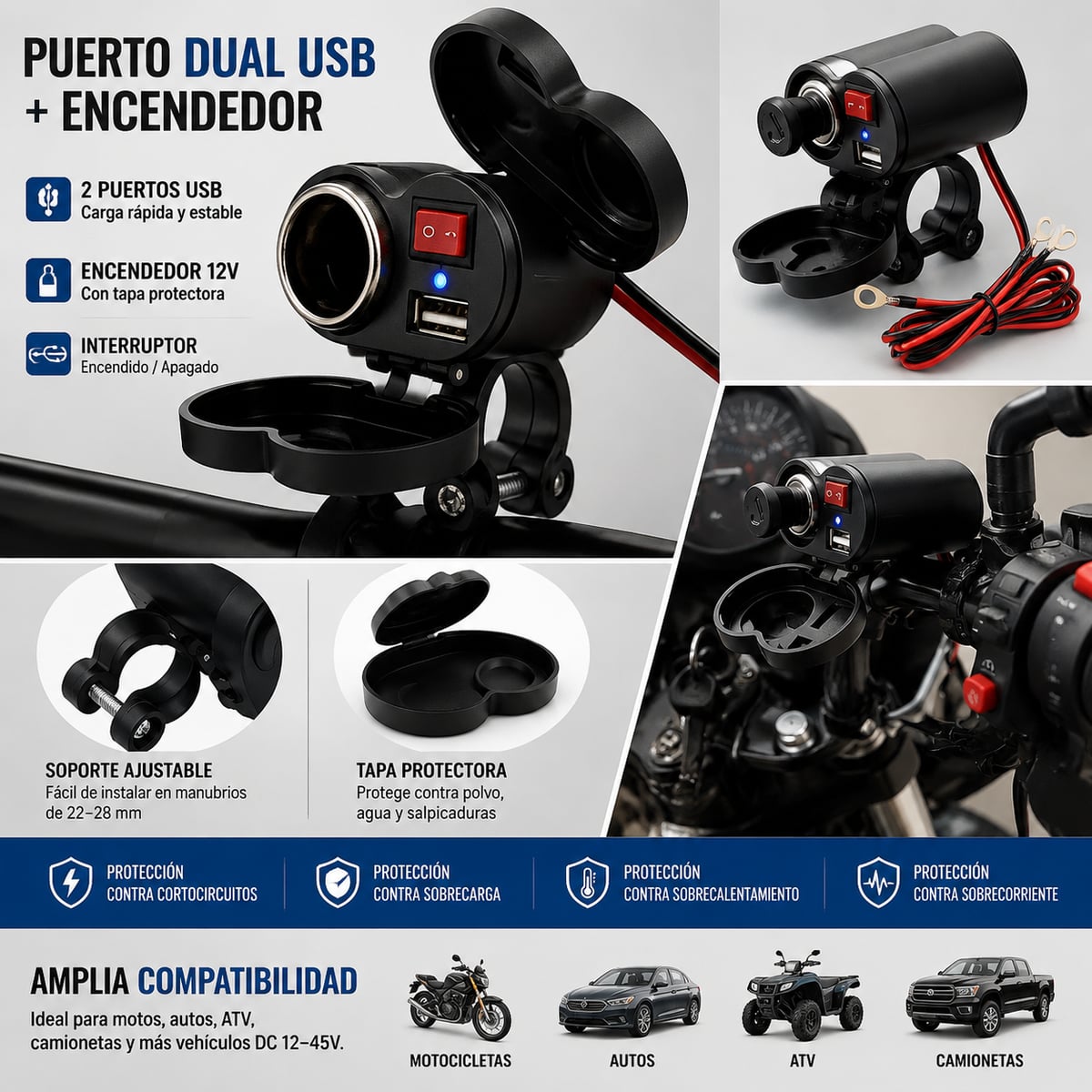 MotoCharge Pro – Cargador USB para Moto con Interruptor ON/OFF