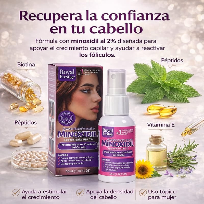 Minoxidil - Detén la caída del cabello y recupéralo más grueso y fuerte desde la raíz.