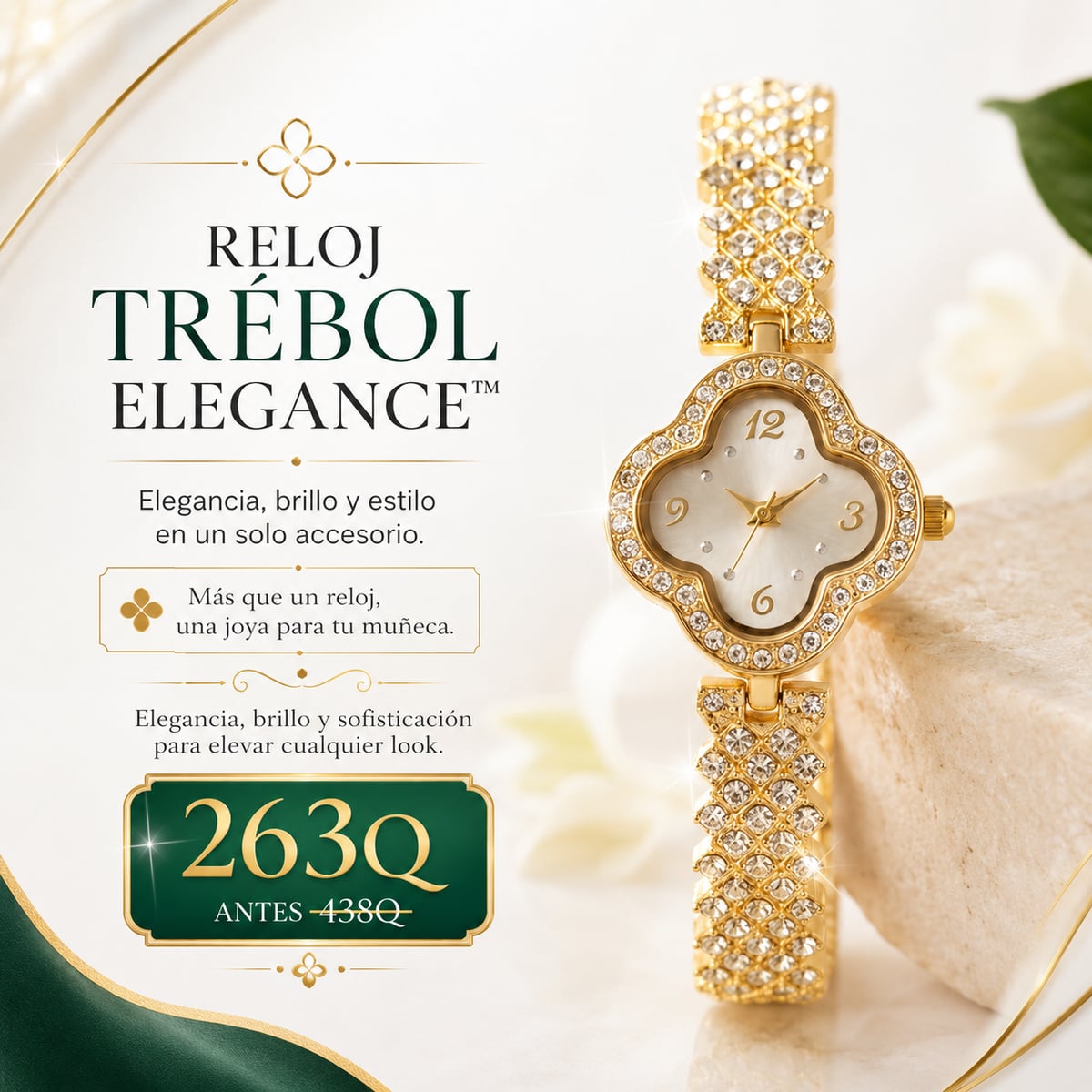 RELOJ TRÉBOL ELEGANCE™ Elegancia, brillo y estilo en un solo accesorio.