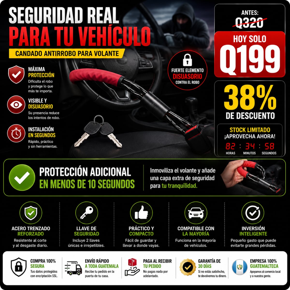 Protege tu Auto Candado Antirrobo de Volante Envío Gratis
