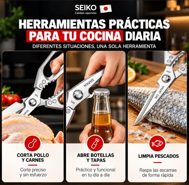 ¡Corta, prepara y disfruta! ✂️ Tijera de Cocina Multifuncional SEIKO 6 en 1
