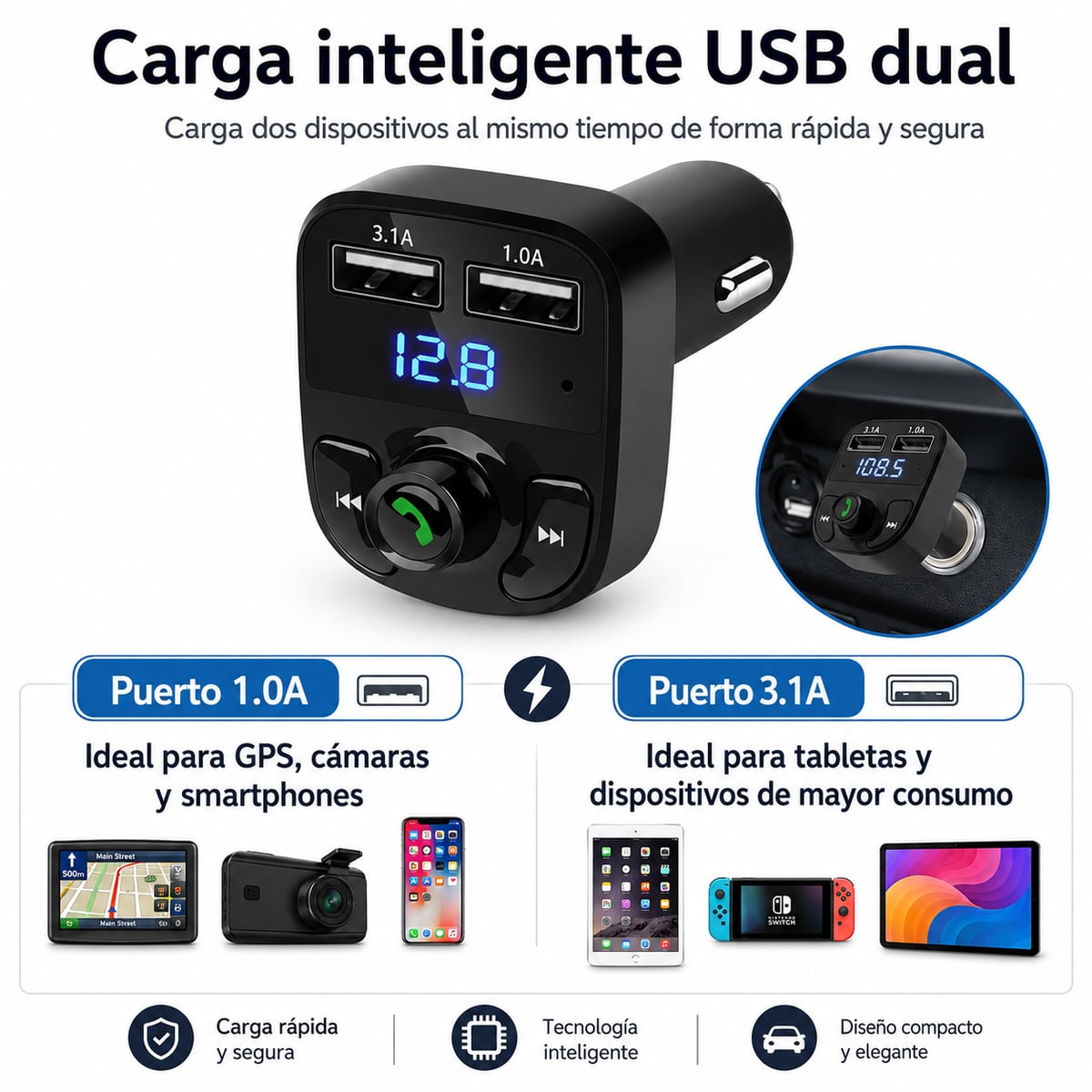 AutoConnect Bluetooth FM – Música, Llamadas Manos Libres y Carga USB