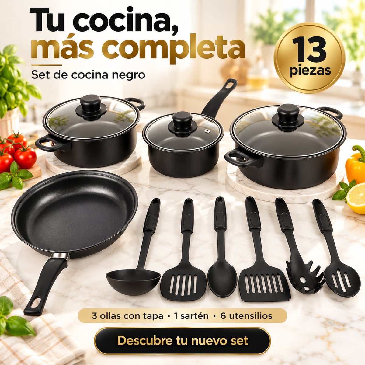 Set de Cocina Negro - 13 Piezas