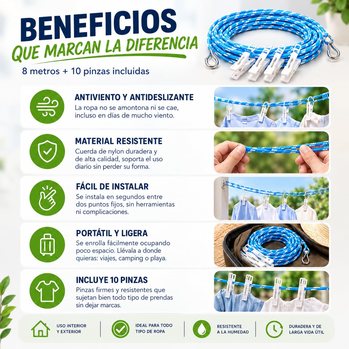 TENDEDERO ANTIVIENTO DE 8 METROS | Mantén tu ropa separada y mejor ventilada