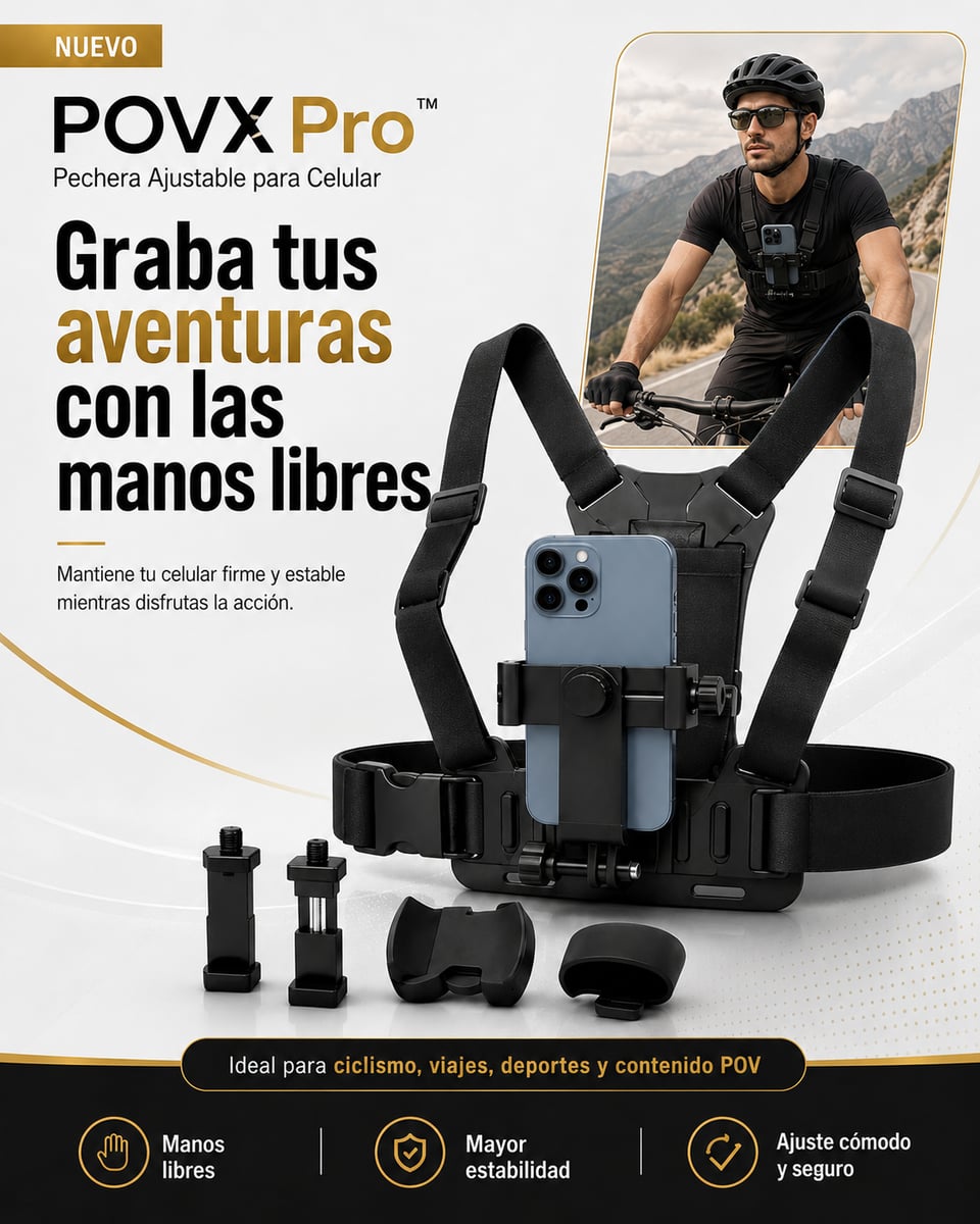 🎥 ¡Graba tus aventuras con las manos libres! POVX Pro™ mantiene tu celular firme y estable mientras tú disfrutas la acción