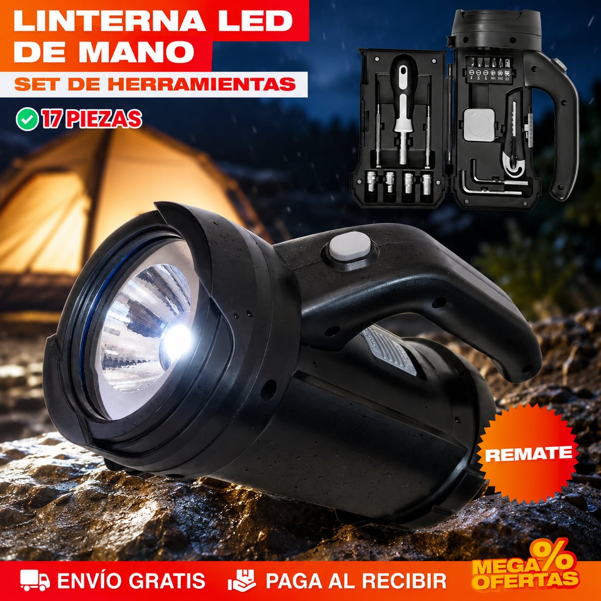 LINTERNA + SET DE HERRAMIENTAS 17 PCS