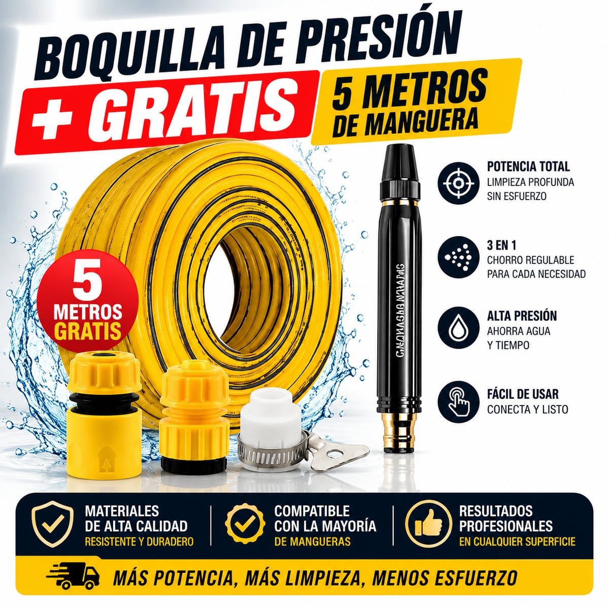 Boquilla de agua a alta presión: lavado de autos, jardín, 10 veces más presión, multimodo ⚡+5 Metros de mangera de regalo