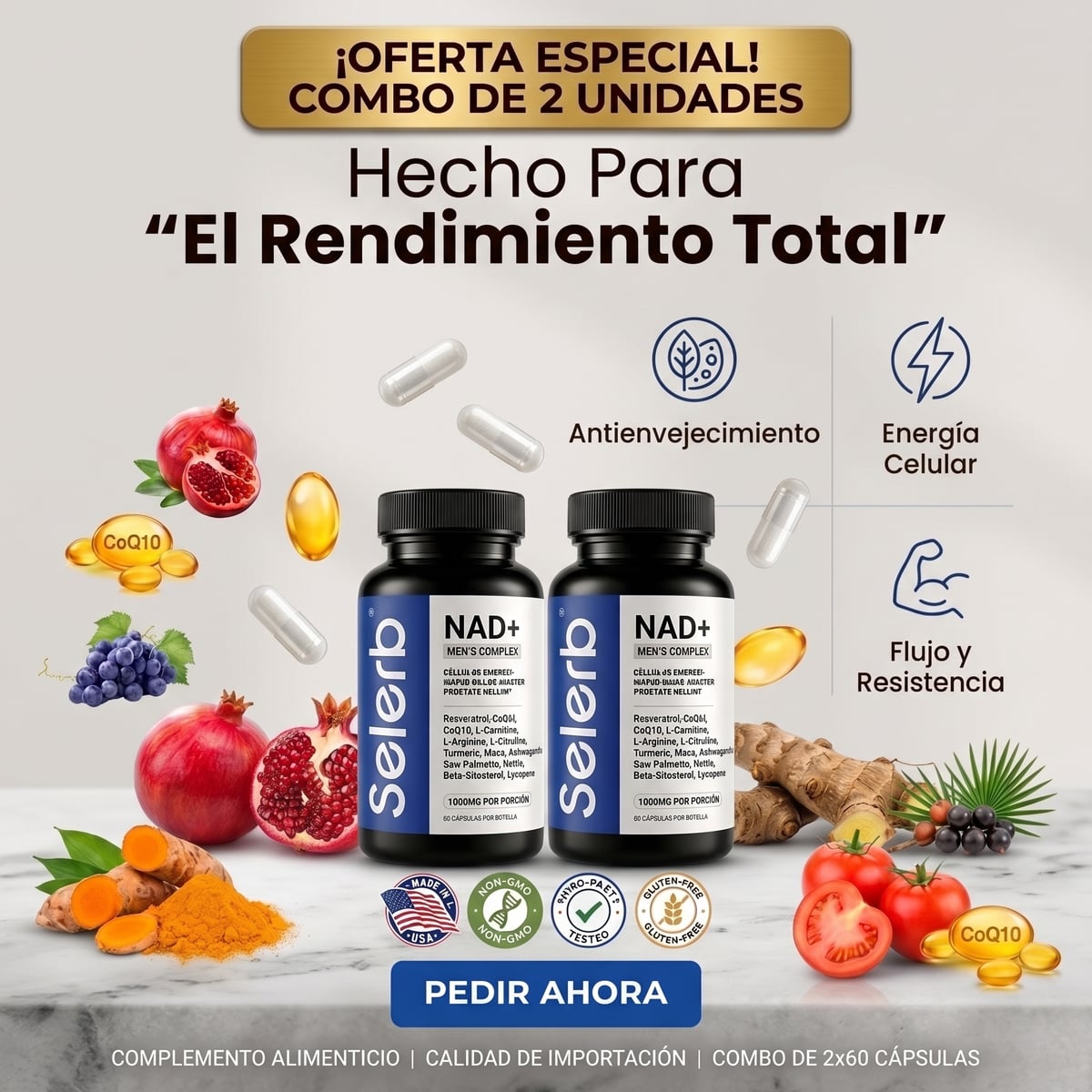 COMBO 2 UNIDADES SELERB NAD + LIPOSOMAL + SALUD PROSTATICA Y VITALIDAD MASCULINA | ENVÍO GRATIS 🇬🇹