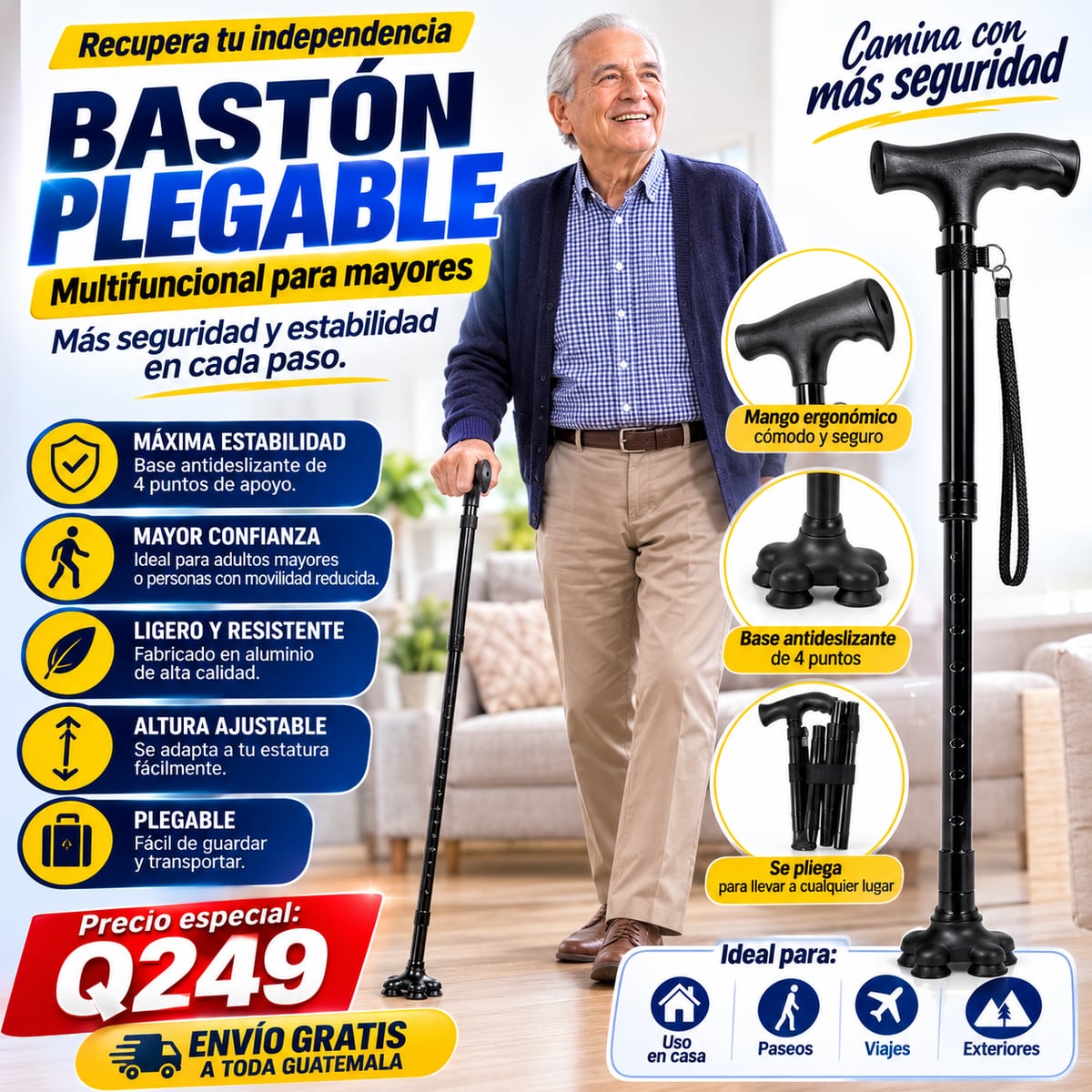 IMPORTADO Bastón Plegable Multifuncional para Mayores – Ligero, altura ajustable y agarre firme – Perfecto para el apoyo diario y viajes 🛠️ + ENVIO GRATIS 🎁