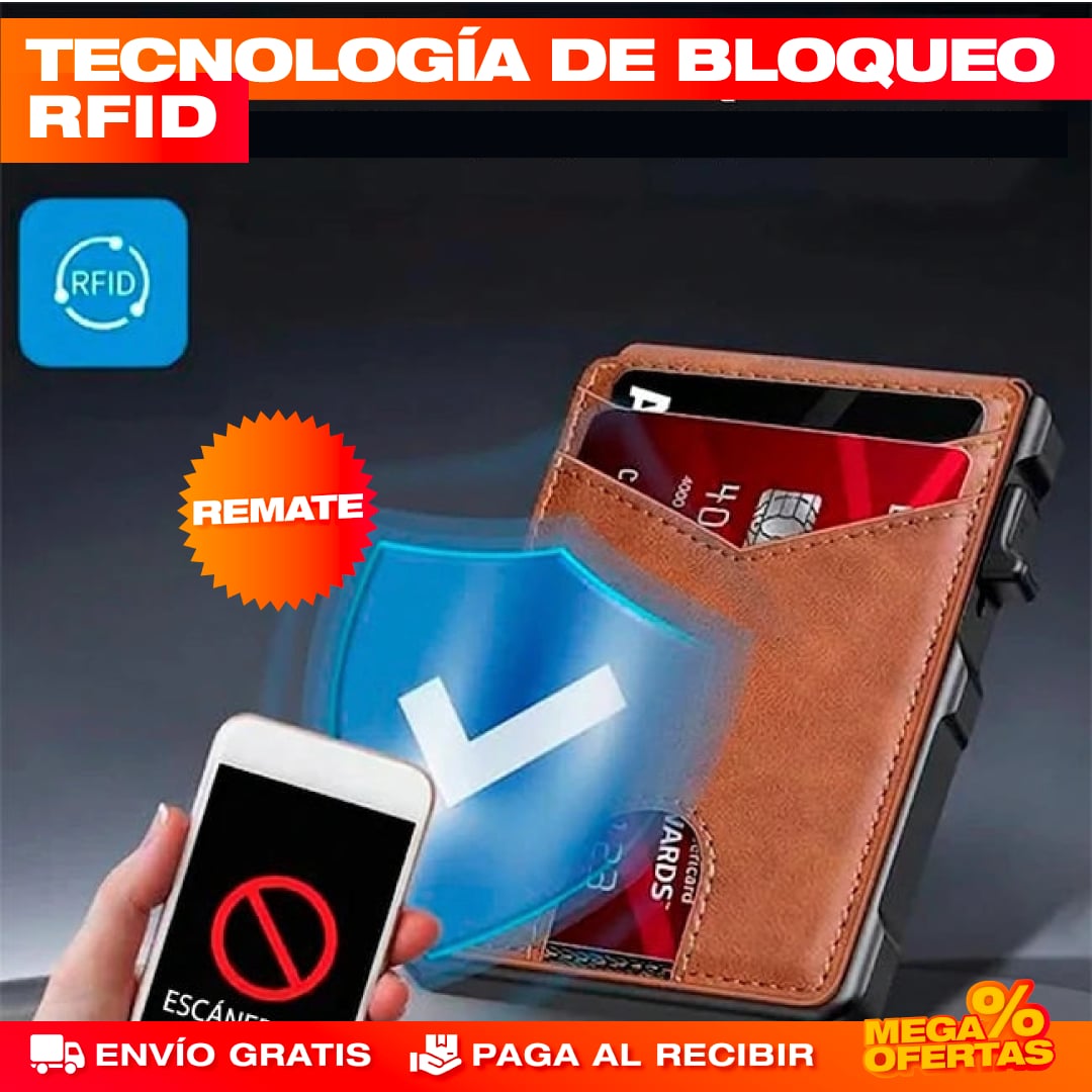 Billetera Slim con Despliegue de Tarjetas y Bloqueo RFID – Saca tus Tarjetas al Instante Sin Bulto