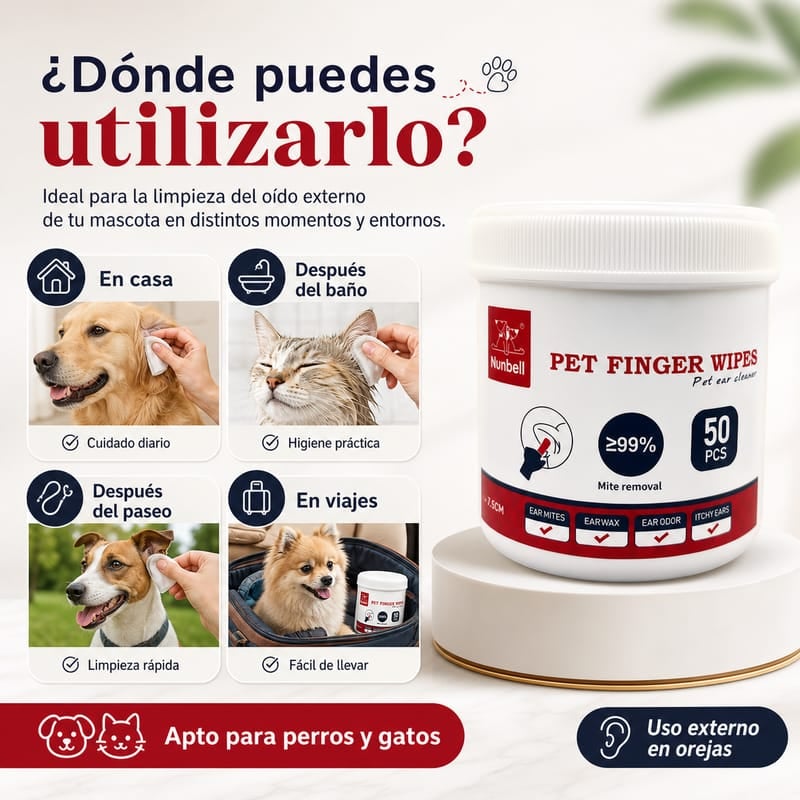 Toallitas tipo dedal para limpieza de oídos y boca para  mascotas