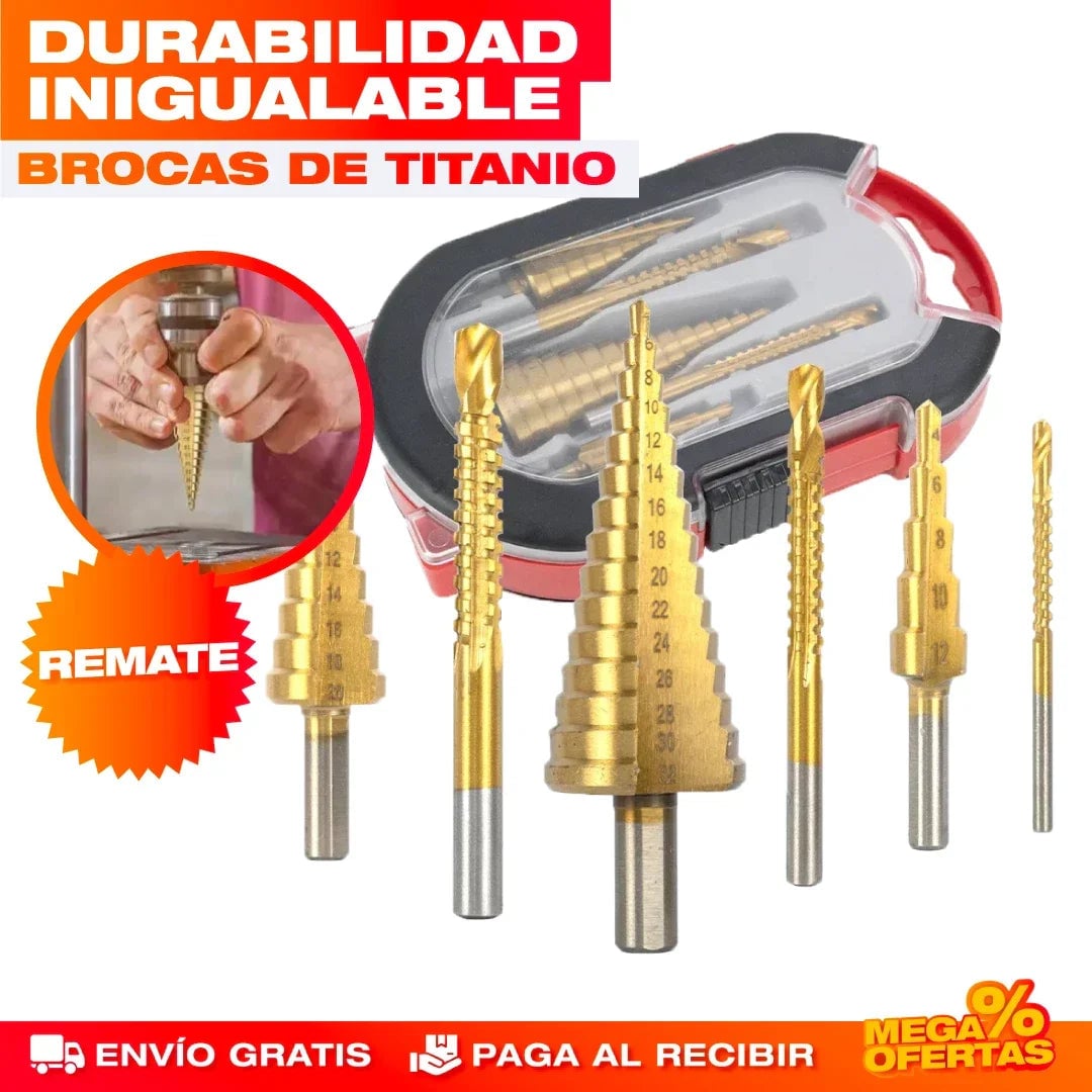 ¡ÚLTIMAS UNIDADES!! 🔩SET DE 5 BROCAS ESCALONADAS DE TITANIO - ENVÍO GRATIS