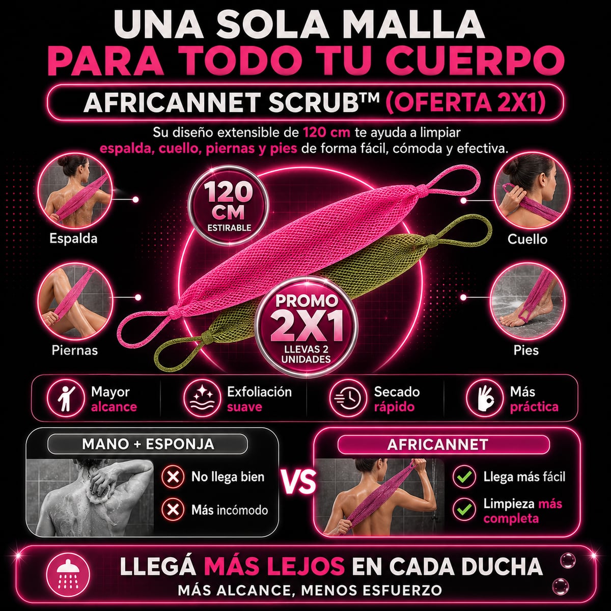 AFRICANNET™ – Malla Exfoliante Africana 120 cm | Limpia Toda tu Espalda, Exfolia y Seca Rápido – Oferta 2x1