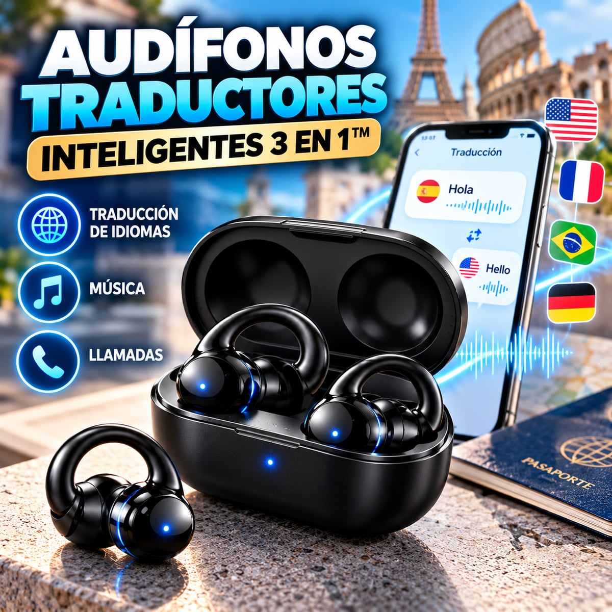Audífonos Traductores Inteligentes 3 en 1™ | Traducción de Idiomas, Música y Llamadas