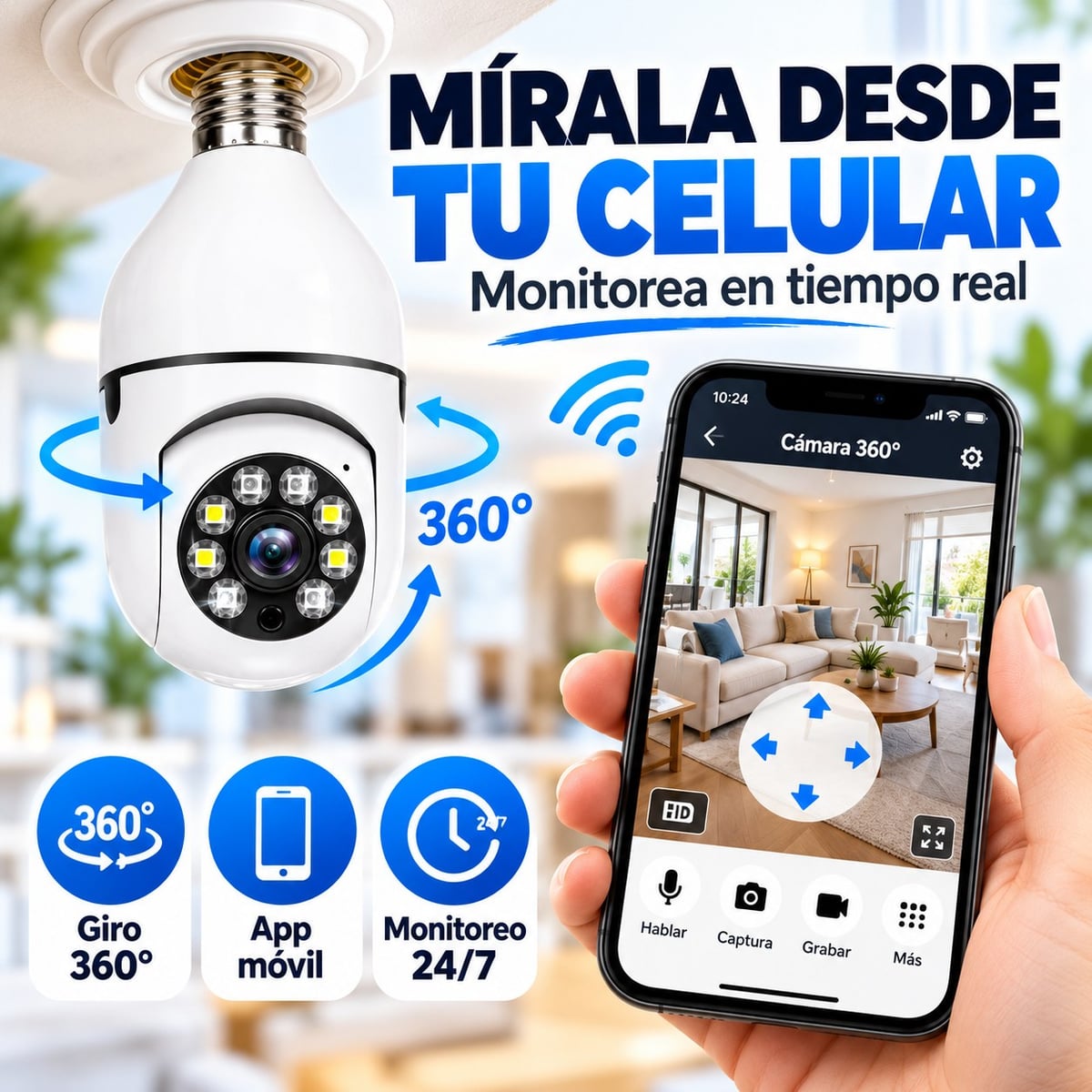 Cámara De Seguridad Wifi 360° Tipo Foco/bombilla