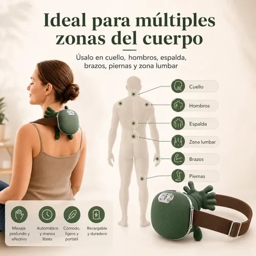 Masajeador de Cuello y Hombros Portátil Ergonómico con Manos de Simulación y Velocidad Ajustable