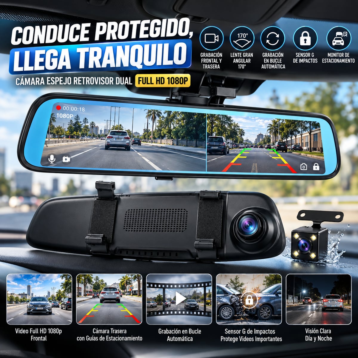 🚨 ¡QUE NADA TE TOME POR SORPRESA 🚗 Cámara Retrovisor TRASERA Y DELANTERA FULL HD🚨 ¡EN LA CARRETERA TODO PUEDE PASAR! 📹 Lleva un Testigo Digital en tu Auto con Grabación Full HD.