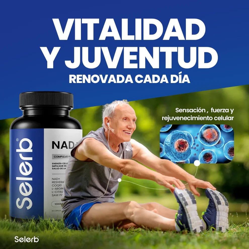 Selerb NAD+ 60 cápsulas | Recupera tu potencia y energía en la cama, en 2 semanas. Contiene: NAD+, RESVERATROL, COQ10, L-ARGININA, L-CITRULINA, SAW PALMETTO.
