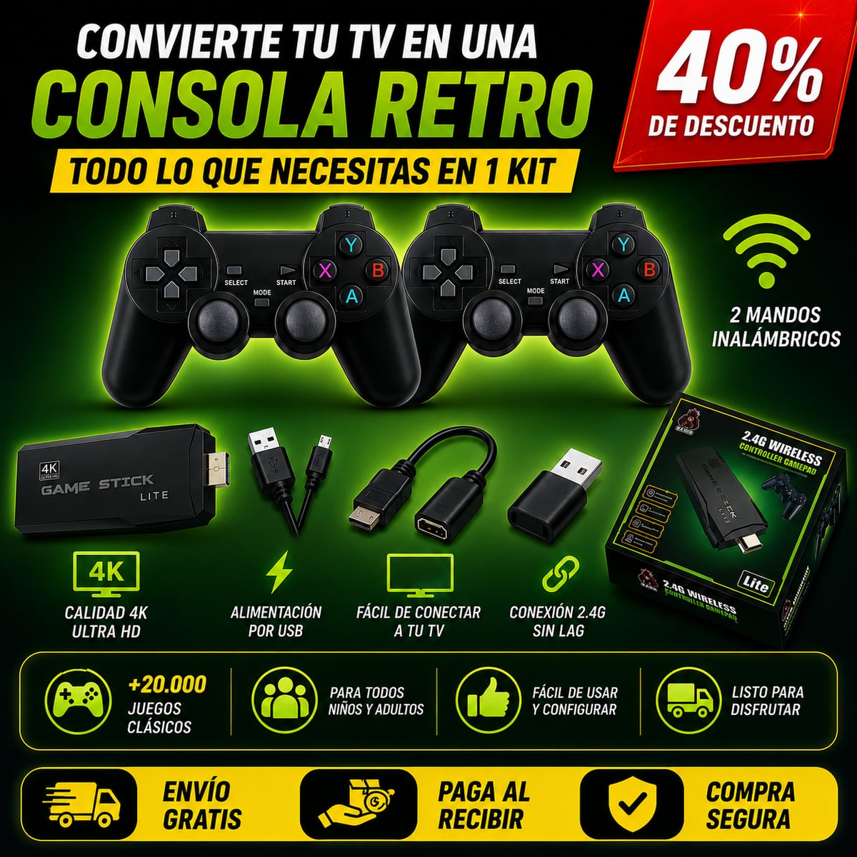 Consola videojuegos retro +20.000 juegos clásicos + 2 Controles inalámbricos 